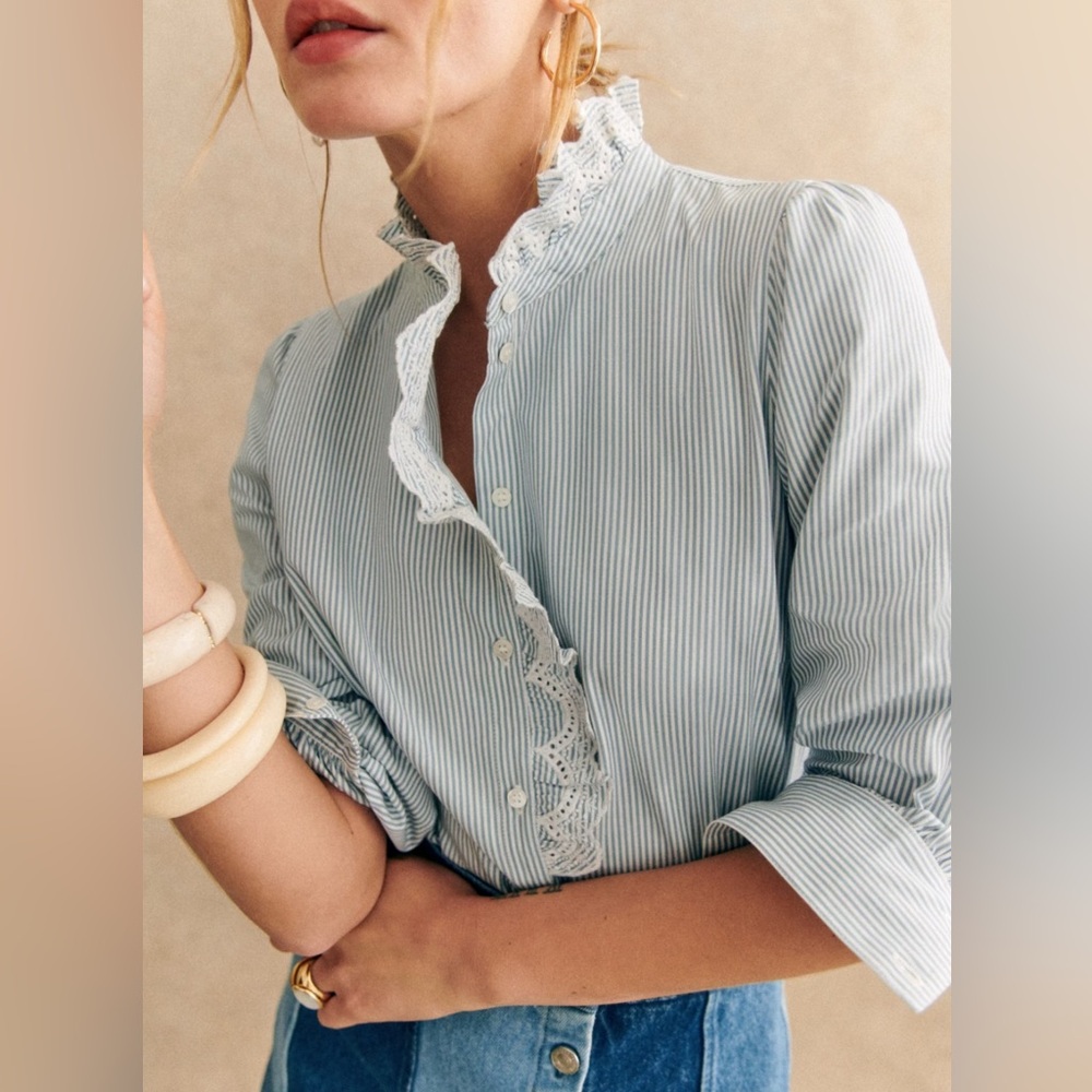 Sezane Striped Blouse with Lace Trim - Blue and White NWOT